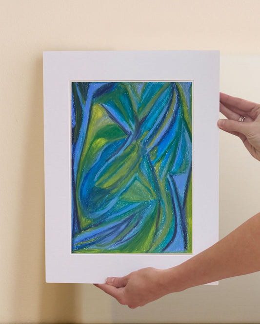 Dessin original au pastel à l'huile évoquant la nostalgie d'un mercredi sous la pluie pendant l'enfance.