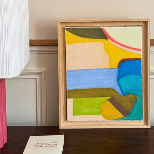 tableau abstrait aux pastels à l'huile. Couleur orange, bleu et jaune