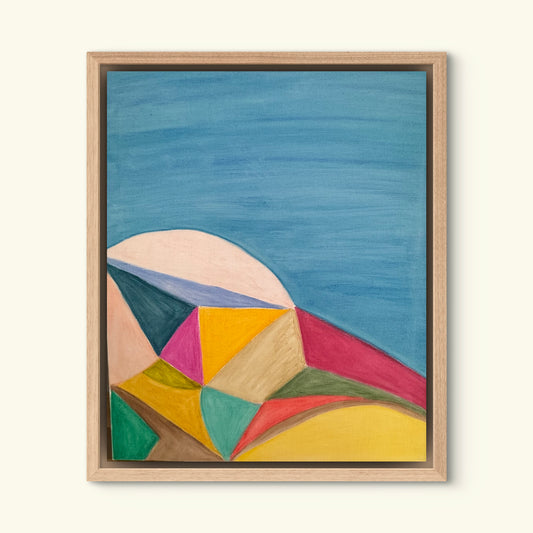 Toile originale abstraite aux pastels à l'huile, composition géométrique aux couleurs vives, rose, jaune, vert et rouge, œuvre unique signée Laurie George