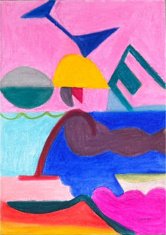 Dessin original abstrait coloré où les lettres joie sont cachés. Le but est de montrer que la joie n'est pas forcément facile  à trouver et à garder et qu'il faut l'entretenir