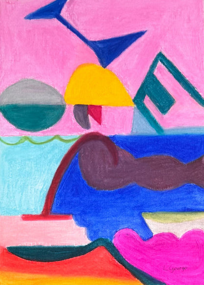 Dessin original abstrait coloré où les lettres joie sont cachés. Le but est montrer que la joie n'est pas forcément facile  à trouver et garder et qu'il faut l'entretenir