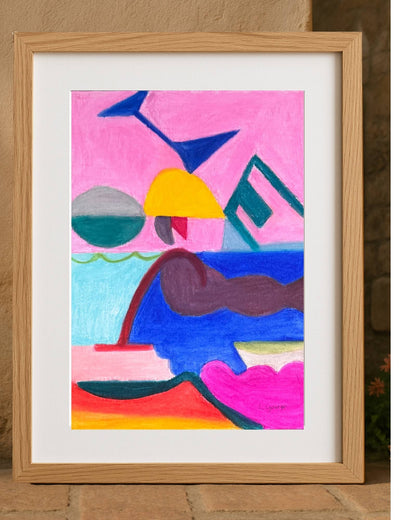 Dessin original abstrait aux pastels à l'huile sur papier A3. Les lettres joie sont cachés dans ce dessin. Le but est de montrer que la joie n'est pas forcément facile à trouver et garder et qu'il faut l'entretenir