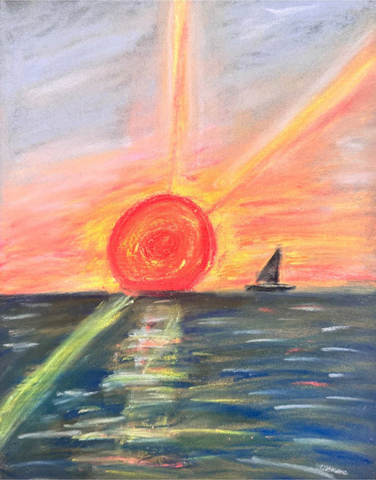 J'ai crée ce dessin aux pastels secs sur papier un jour où j'essayais de comprendre mon rapport au temps. Un bateau, un coucher de soleil, et cette impression qu'on avance… même quand on doute de la direction.
Il est devenu une métaphore : celle de la traversée.