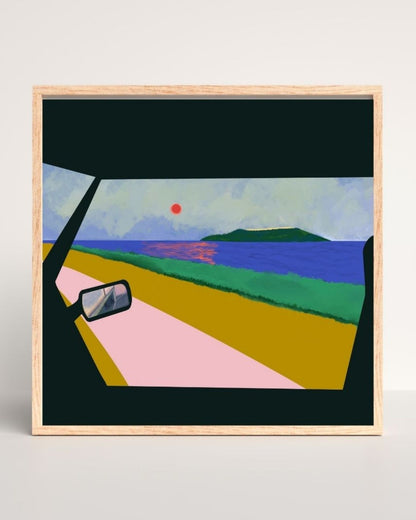 Impression de haute qualité sur papier beaux art, illustration paysage bord de mer voiture