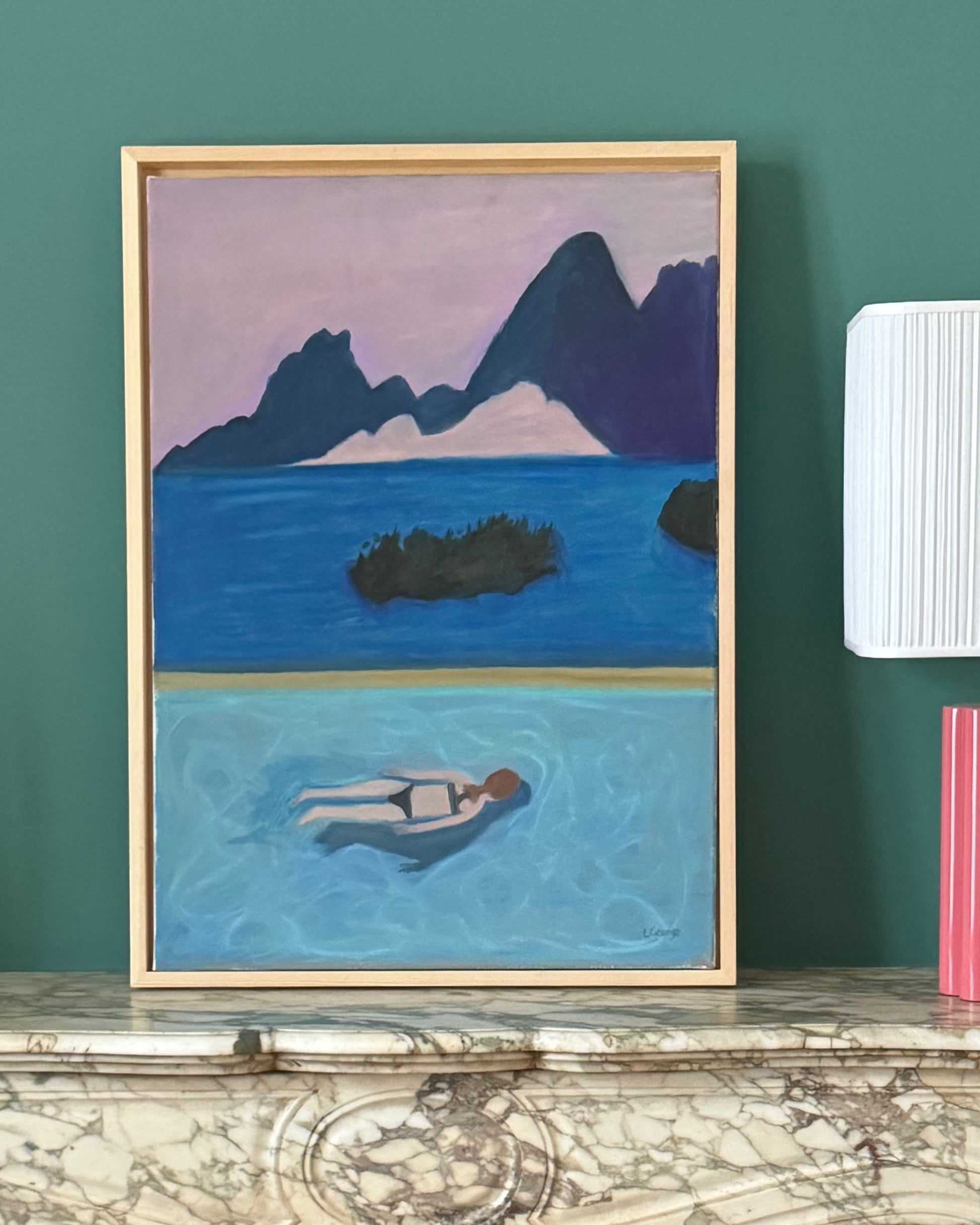 Toile originale encadrée en caisse américaine bois brut, peinture aux pastels à l'huile, décoration murale artistique