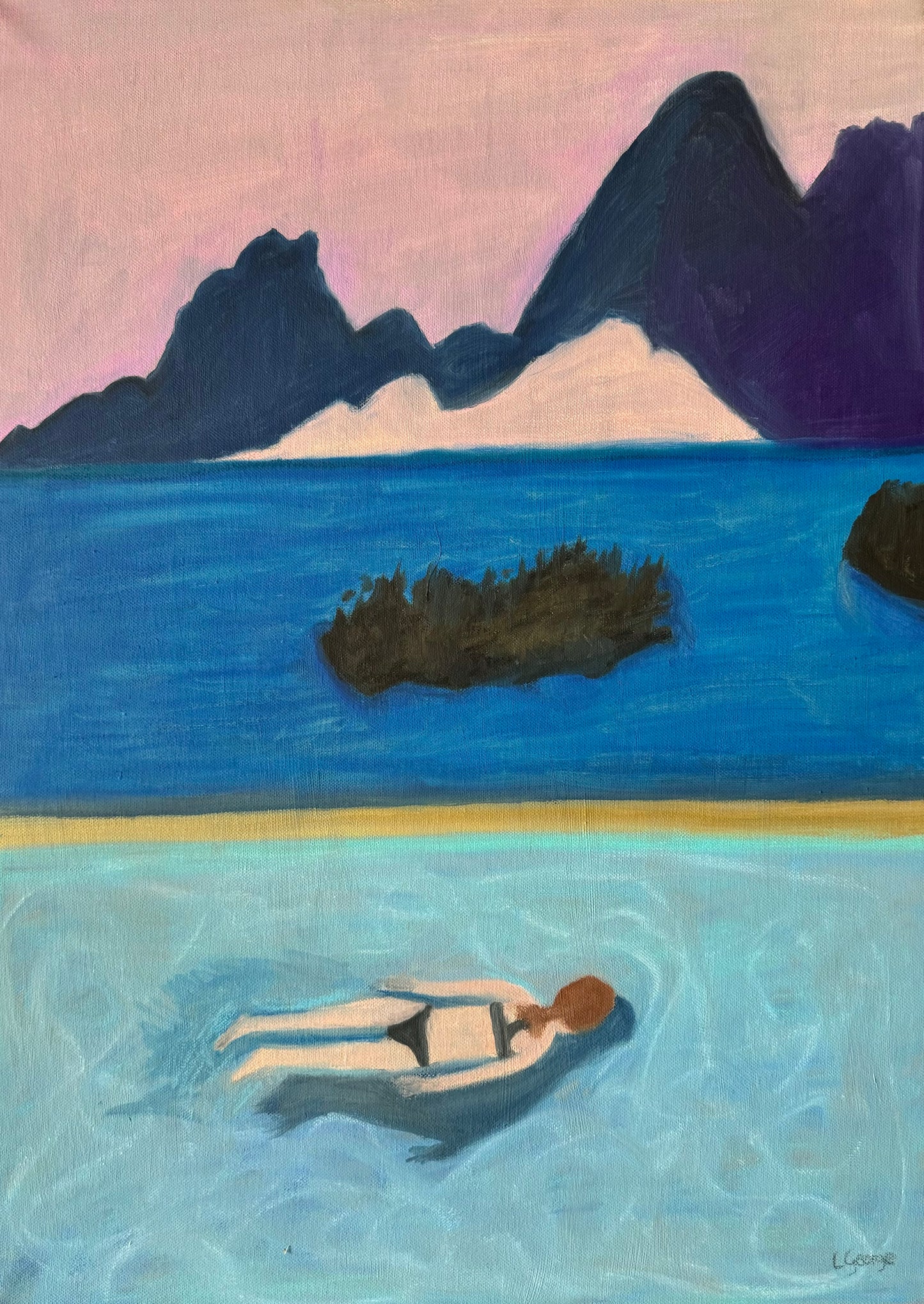 Peinture originale aux pastels à l'huile, femme nageant dans une piscine avec vue sur les montagnes, 50x70 cm, Laurie George