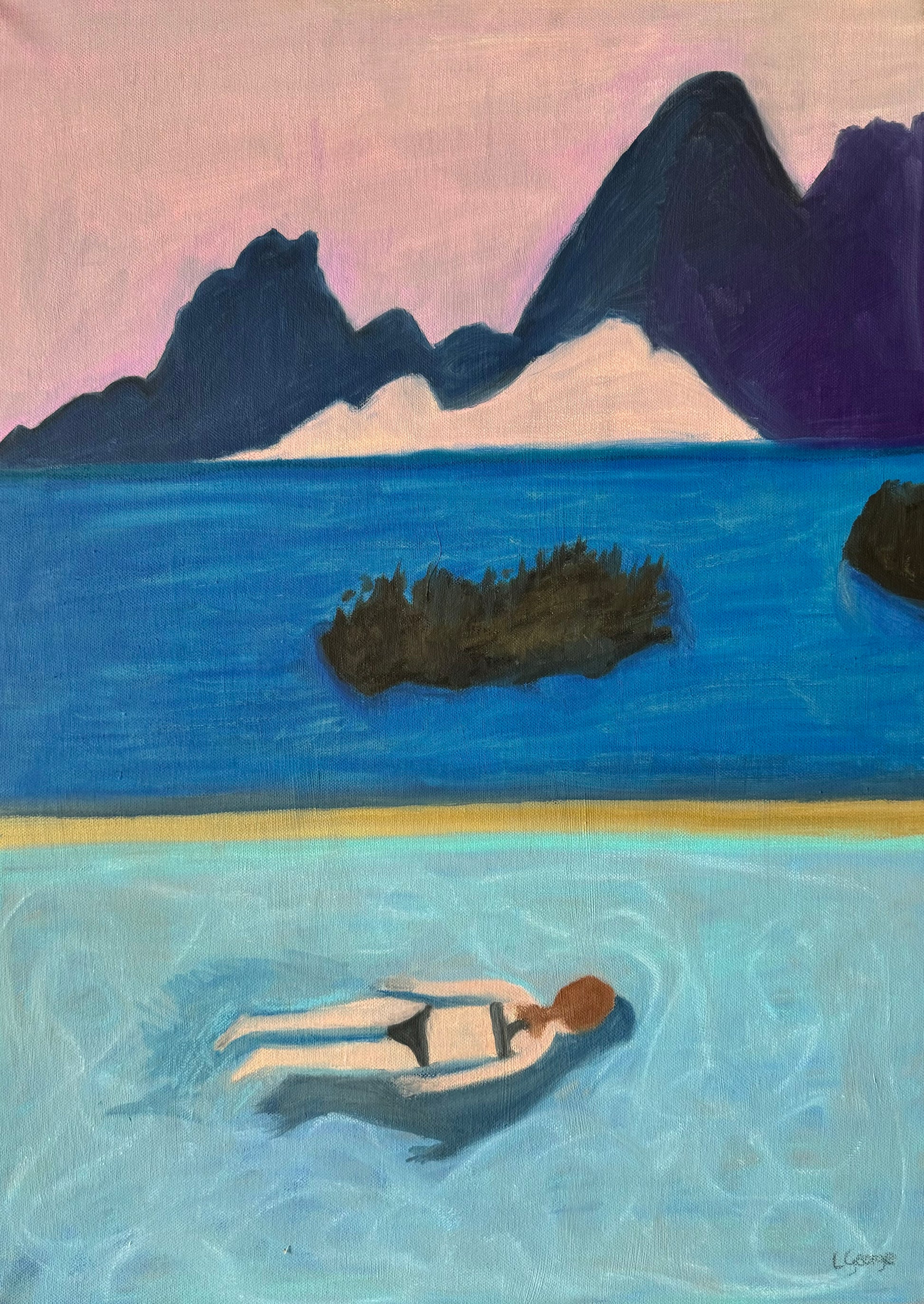 Peinture originale aux pastels à l'huile, femme nageant dans une piscine avec vue sur les montagnes, 50x70 cm, Laurie George
