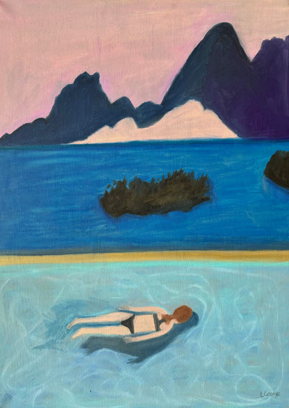 Peinture originale aux pastels à l'huile, femme nageant dans une piscine avec vue sur les montagnes, 50x70 cm, Laurie George