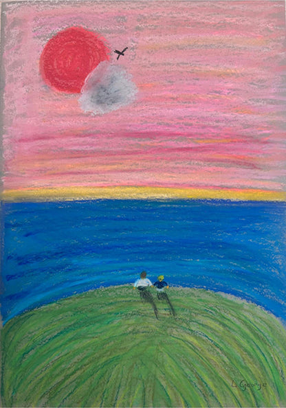 Ce dessin original représente un père et son fils assis au bord d'une falaise, exagérément arrondie pour rappeler la forme du globe terrestre et évoquer le monde. Ensemble, ils contemplent le ciel où un nuage cache temporairement le soleil, symbole des défis et des épreuves que le monde traverse actuellement.et attendre que le nuage qui cache en partie le soleil s'enlève.