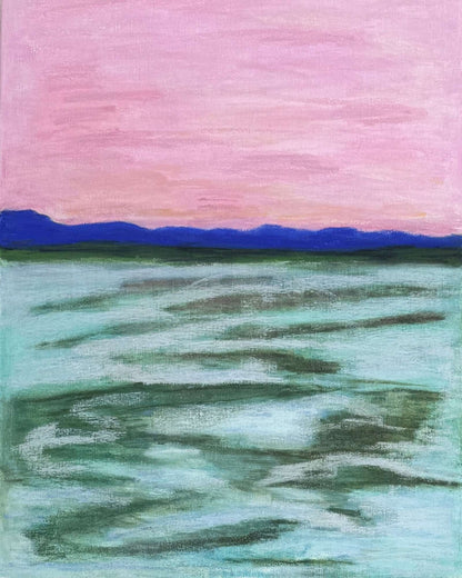 Peinture originale au pastel, paysage marin au coucher du soleil, mer verte et ciel rose, œuvre unique signée Laurie George