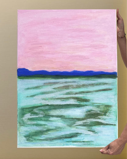 Toile originale au pastel tenue à la main, paysage marin, ciel rose et mer turquoise, horizon bleu, œuvre unique signée Laurie George