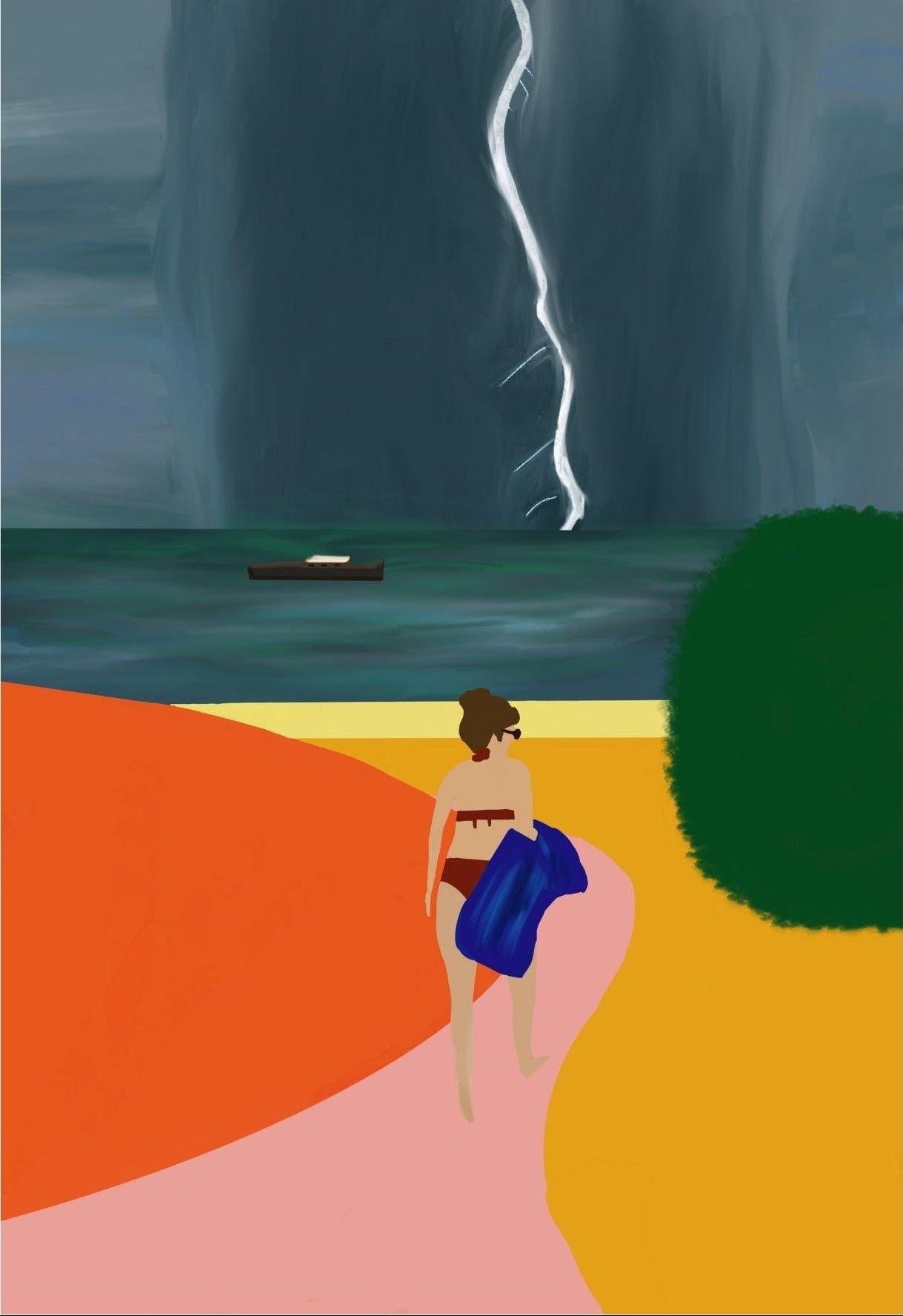 Illustration d’une femme qui marche sur la plage un jour d’orage 