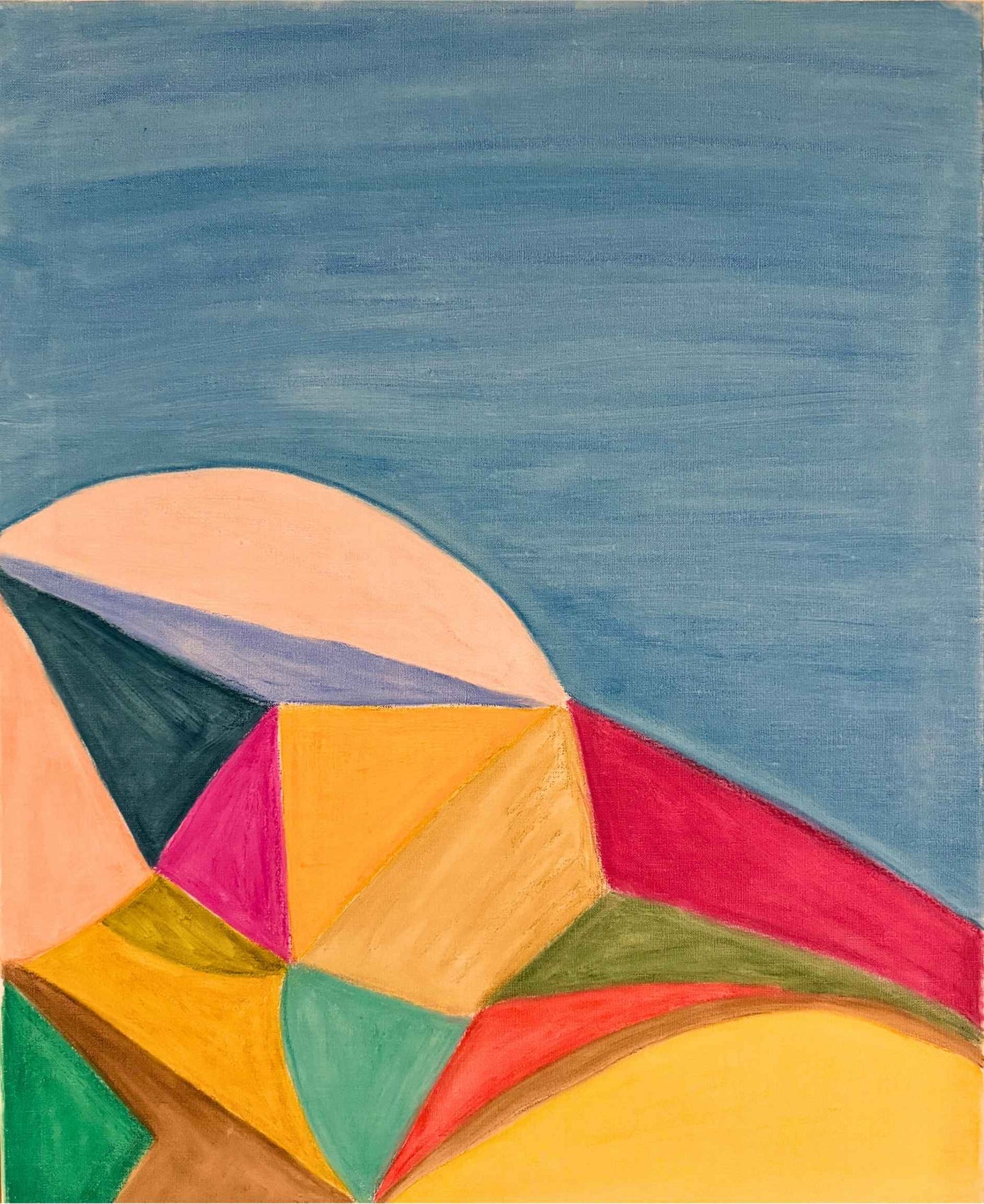 Toile originale aux pastels à l'huile, composition abstraite géométrique aux couleurs vives, rose, jaune, vert et rouge, œuvre unique signée Laurie George