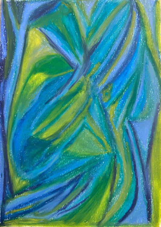 Oeuvre originale au pastel à l'huile évoquant la nostalgie d'un mercredi sous la pluie pendant l'enfance.