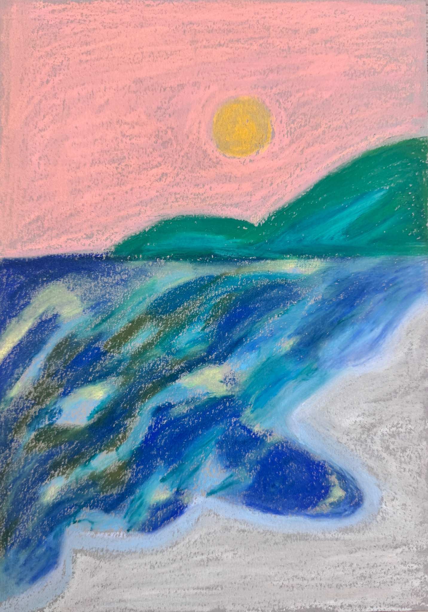 Dessin original aux pastels à l'huile sur papier représentant un bord de mer imaginaire. Format A4. Dessiné à Nancy 