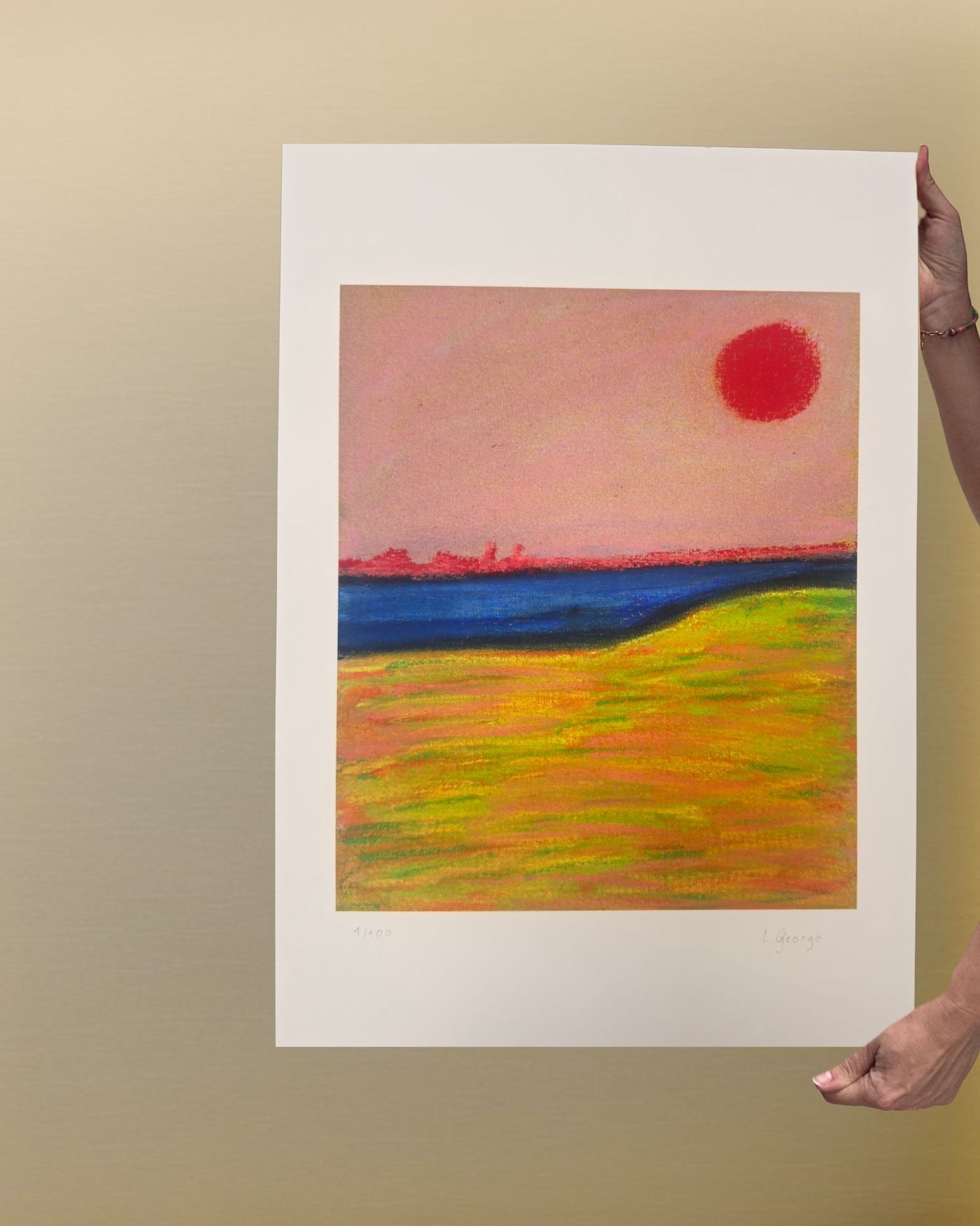 reproduction fine art  pastel abstrait paysage soleil rouge format A3