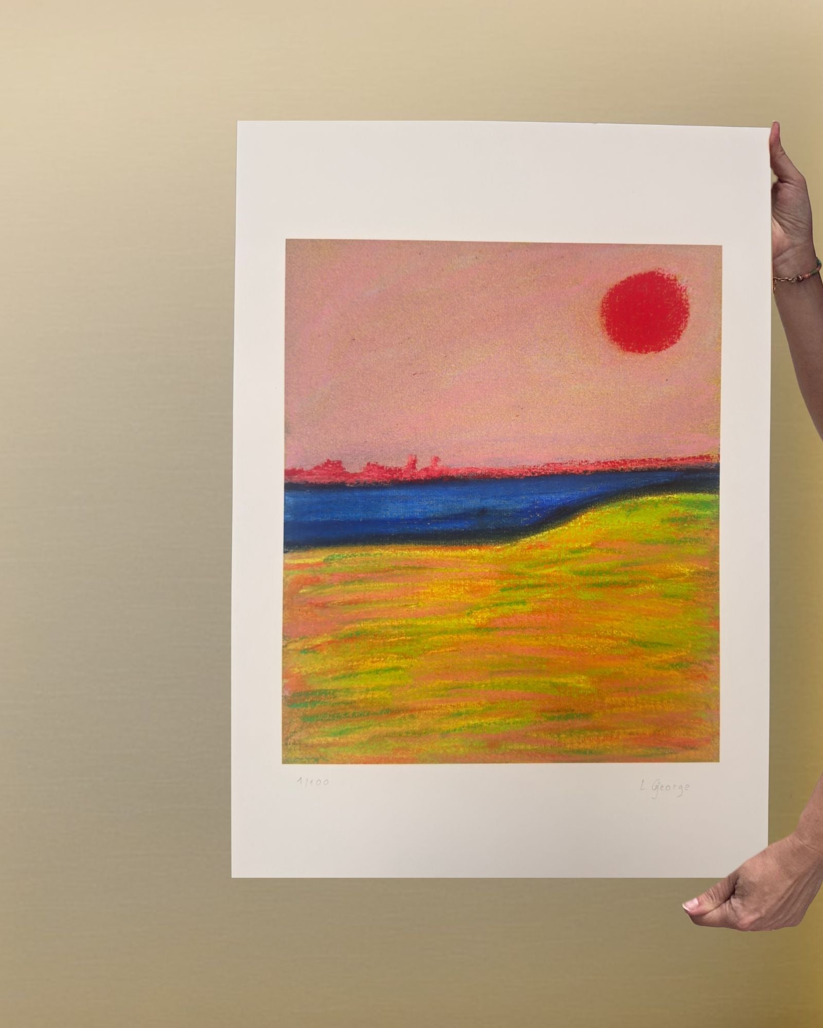 reproduction fine art  pastel abstrait paysage soleil rouge format A3