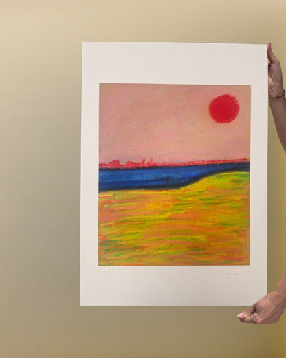 reproduction fine art  pastel abstrait paysage soleil rouge format A3