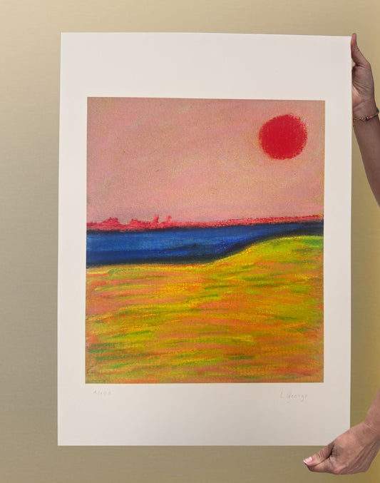 reproduction fine art  pastel abstrait paysage soleil rouge format A3