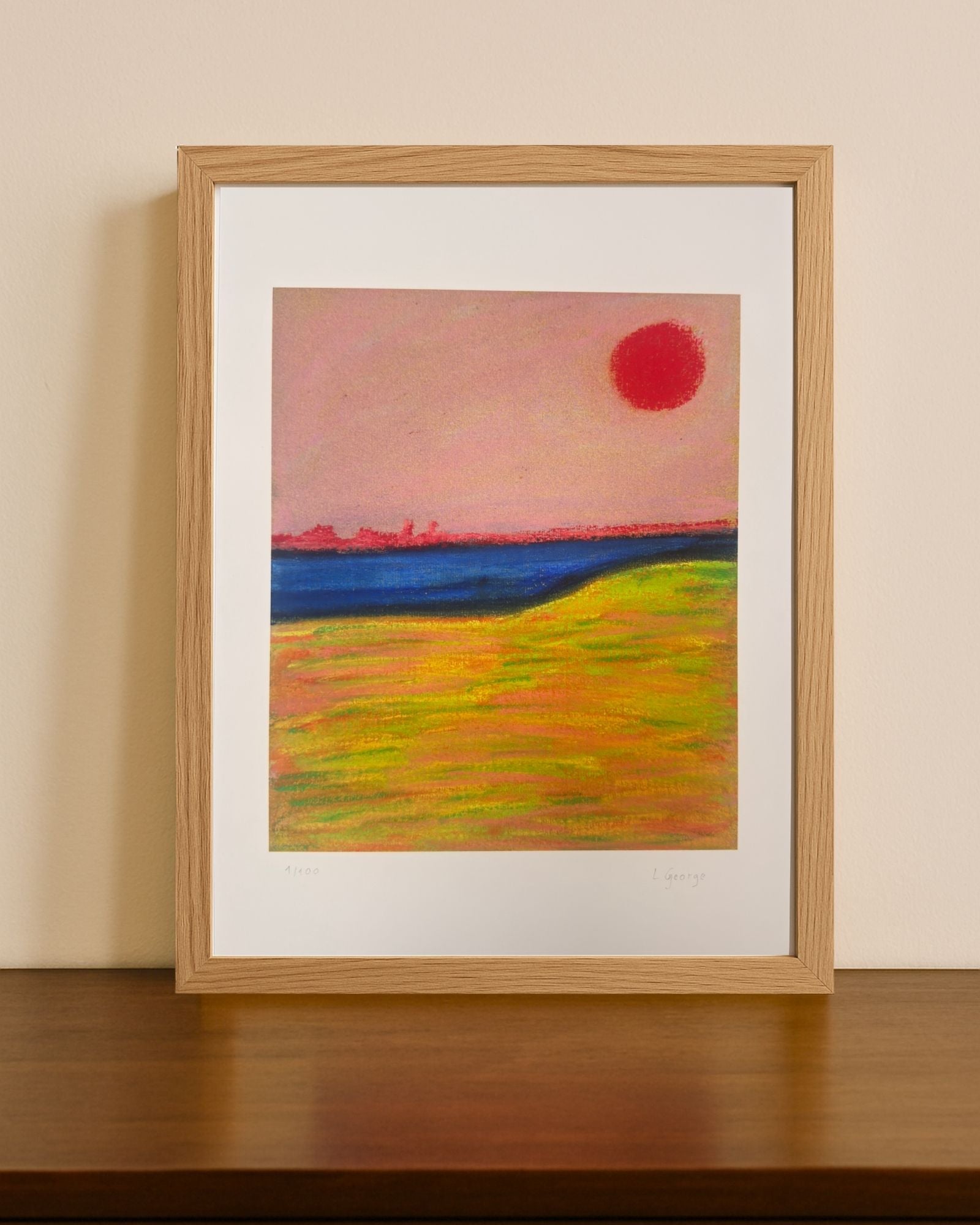 reproduction fine art  pastel abstrait paysage soleil rouge format A4