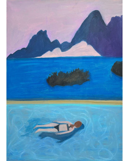 Peinture originale aux pastels à l'huile, femme nageant dans une piscine avec vue sur les montagnes, 50x70 cm, Laurie George