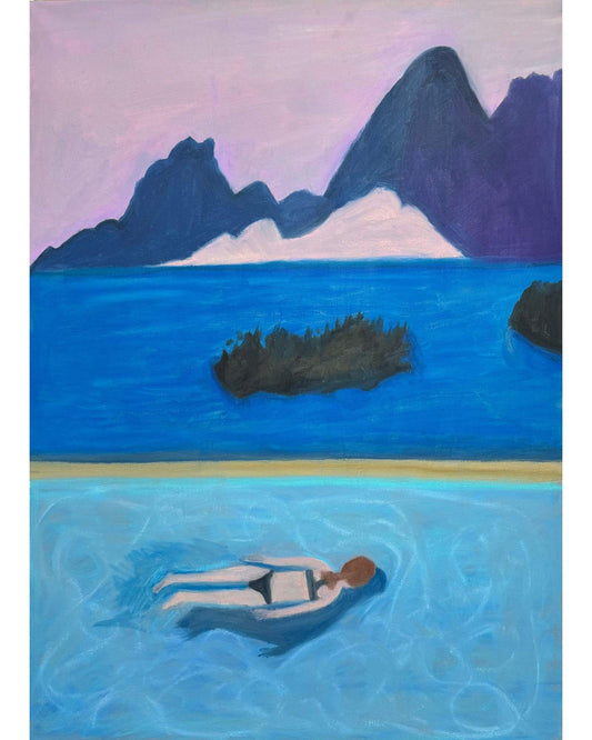 Peinture originale aux pastels à l'huile, femme nageant dans une piscine avec vue sur les montagnes, 50x70 cm, Laurie George
