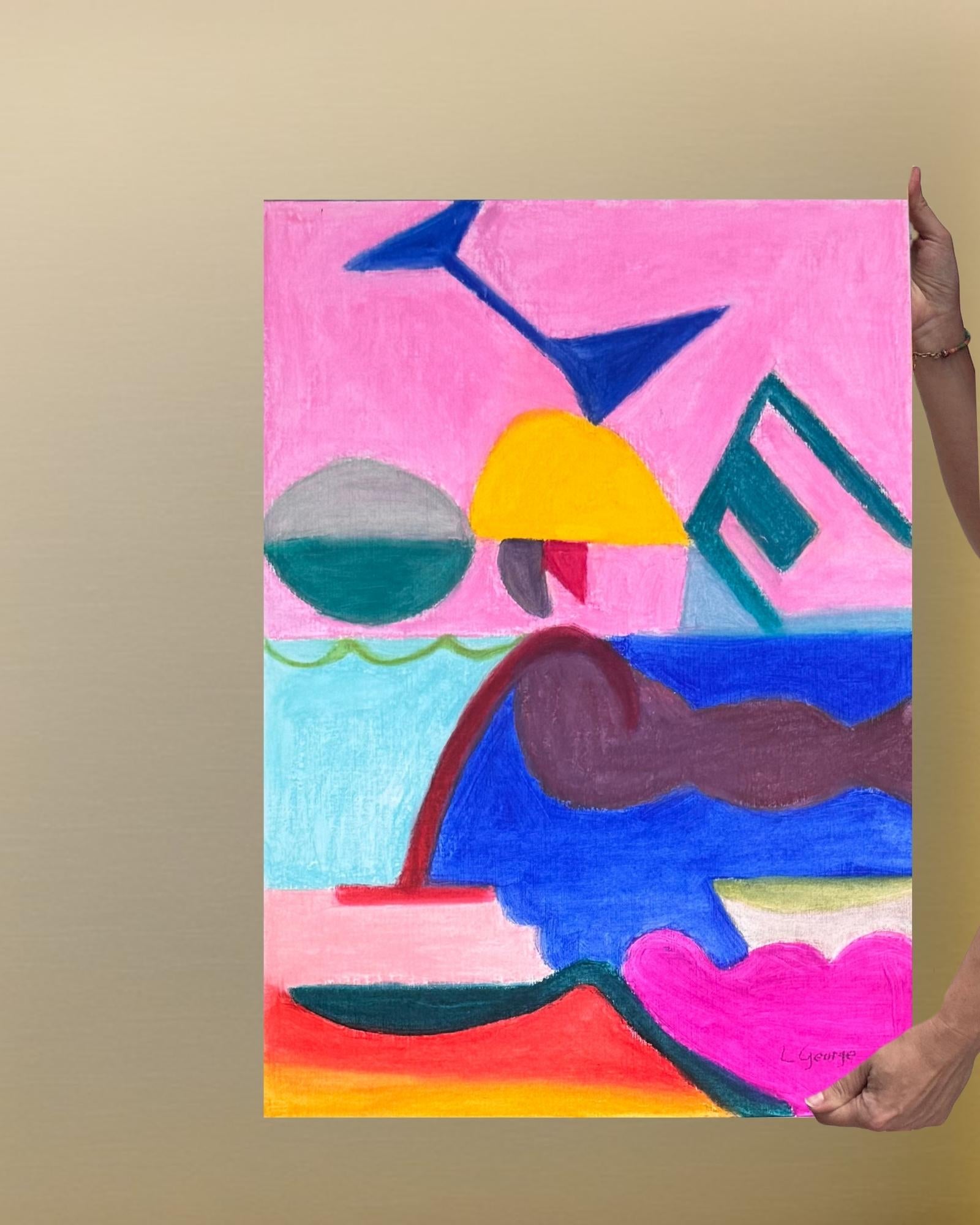 Dessin original abstrait coloré où les lettres joie sont cachés. Le but est montrer que la joie n'est pas forcément facile  à trouver et garder et qu'il faut l'entretenir