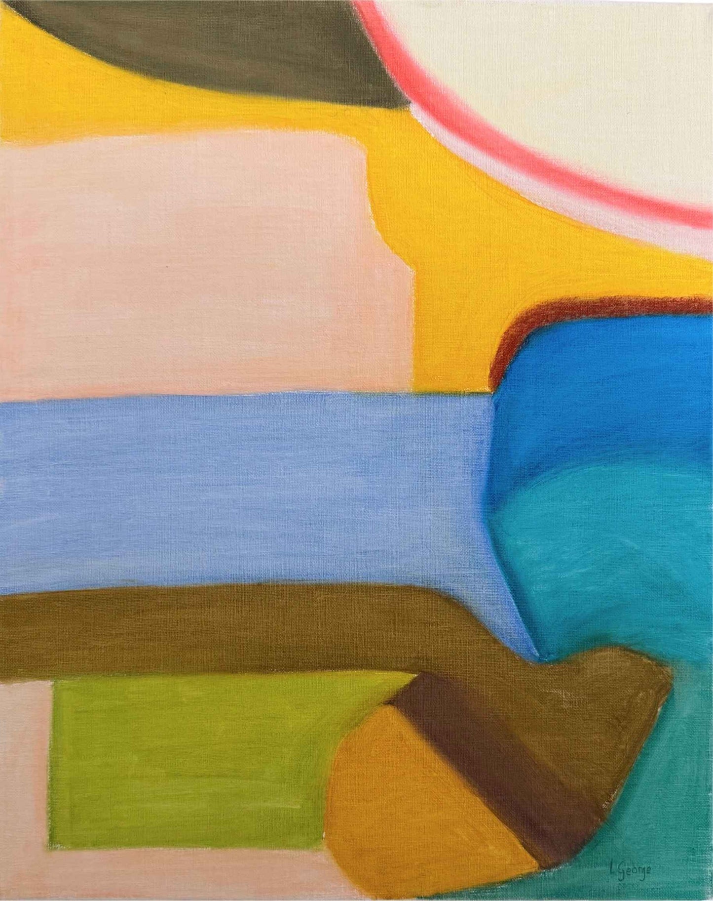 Peinture abstraite originale aux pastels à l'huile, aplats de couleurs bleu, vert et ocre, œuvre unique signée Laurie George
